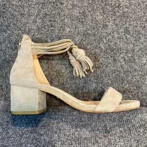 Raye Carli Suede Taupe Tassel Ankle Strap Block Heel Sandals Womens 8